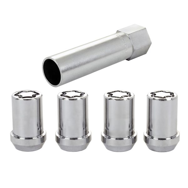 Chrome Tuner Style Cone Seat Wheel Lock Set (M12 x 1.5 Thread Size) – Set of 4 Locks and 1 Key