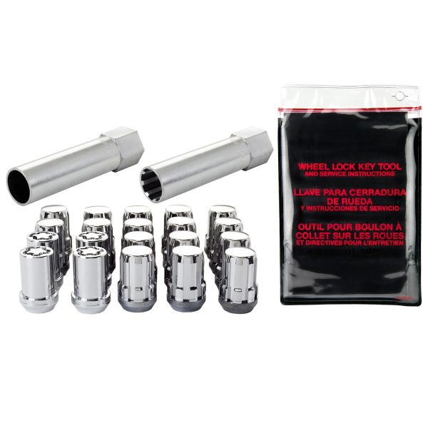 Chrome SplineDrive 5 Lug Wheel Installation kit (M12 x 1.5 Thread Size); Set of 16 Lug Nuts, 1 Installation Tool, 4 Wheel Locks, 1 Key, Key Storage Pouch