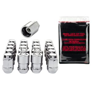 Chrome Bulge Style Cone Seat Wheel Installation Kit for 5 Lug Vehicles (M12 x 1.5 Thread Size); Set of 16 Lug Nuts, 4 Wheel Locks, 1 Key & 1 Key Storage Pouch