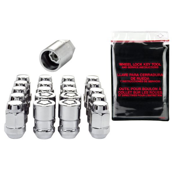 Chrome Bulge Style Cone Seat Wheel Installation Kit for 5 Lug Vehicles (M12 x 1.5 Thread Size); Set of 16 Lug Nuts, 4 Wheel Locks, 1 Key & 1 Key Storage Pouch