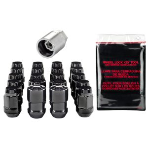 Black Bulge Style Cone Seat Wheel Installation Kit for 5 Lug Vehicles (M12 x 1.5 Thread Size); Set of 16 Lug Nuts, 4 Wheel Locks, 1 Key & 1 Key Storage Pouch