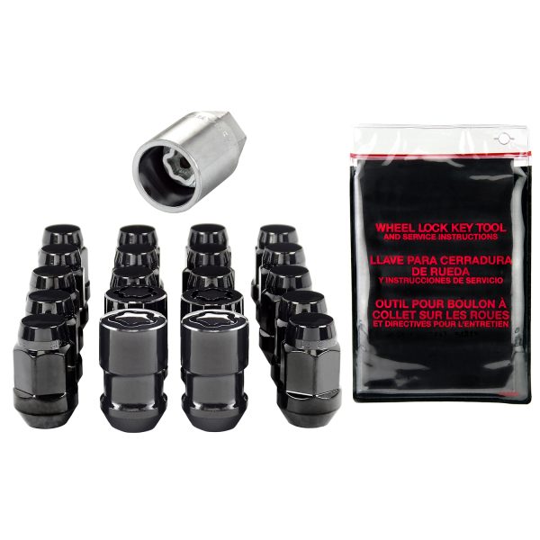 Black Bulge Style Cone Seat Wheel Installation Kit for 5 Lug Vehicles (M12 x 1.5 Thread Size); Set of 16 Lug Nuts, 4 Wheel Locks, 1 Key & 1 Key Storage Pouch