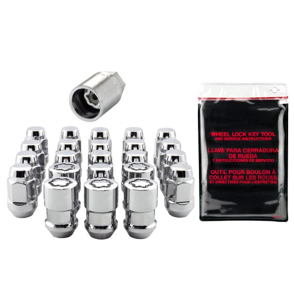 Jeep Wrangler 23-Piece Chrome Bulge Cone Seat Wheel Installation Kit (1/2-20 Thread Size); Set of 18 Lug Nuts, 5 Wheel Locks, 1 Key & 1 Key Storage Pouch