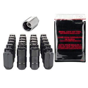 Black Cone Seat Wheel Installation Kit for 6 Lug Vehicles (M14 x 1.5 Thread Size); Set of 20 Lug Nuts, 4 Wheel Locks, 1 Key & 1 Key Storage Pouch