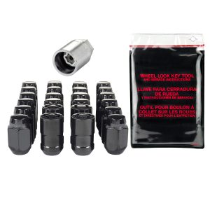Black Cone Seat Wheel Installation Kit for 6 Lug Vehicles (M12 x 1.5 Thread Size); Set of 20 Lug Nuts, 4 Wheel Locks, 1 Key & Key Storage Pouch