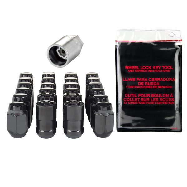 Black Cone Seat Wheel Installation Kit for 6 Lug Vehicles (M12 x 1.5 Thread Size); Set of 20 Lug Nuts, 4 Wheel Locks, 1 Key & Key Storage Pouch