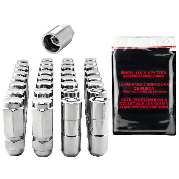 Chrome Cone Seat Wheel Installation Kit for 8 Lug Vehicles (9/16-18 Thread Size); Set of 28 Lug Nuts, 4 Wheel Locks, 1 Key & 1 Key Storage Pouch - Image 2